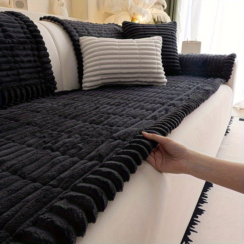 1pc Bohemian Style Solid Color Plush Thickened Sofa Cushion, Pet Friendly, Machine Washable, Non-Slip, Suitable for All Kinds of Sofa Home Protection Decoration