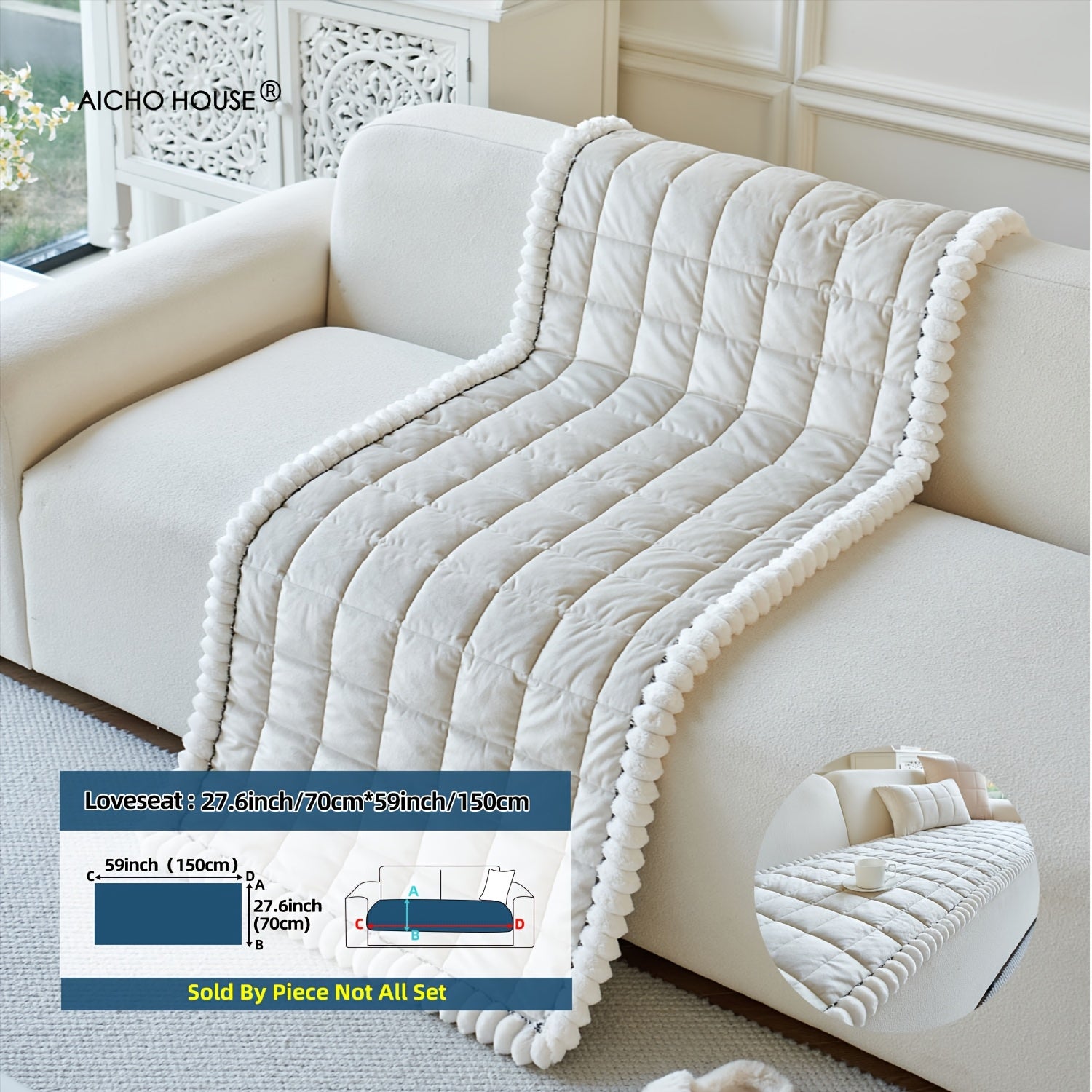 A Thick Diamond Quilted Sofa Cushion with White Plush Ball Decoration, Combining Practicality And Aesthetics, Quickly Enhances The Cozy Atmosphere of The Living Room, Suitable for Various Home Styles Such As Modern Minimalist And Nordic
