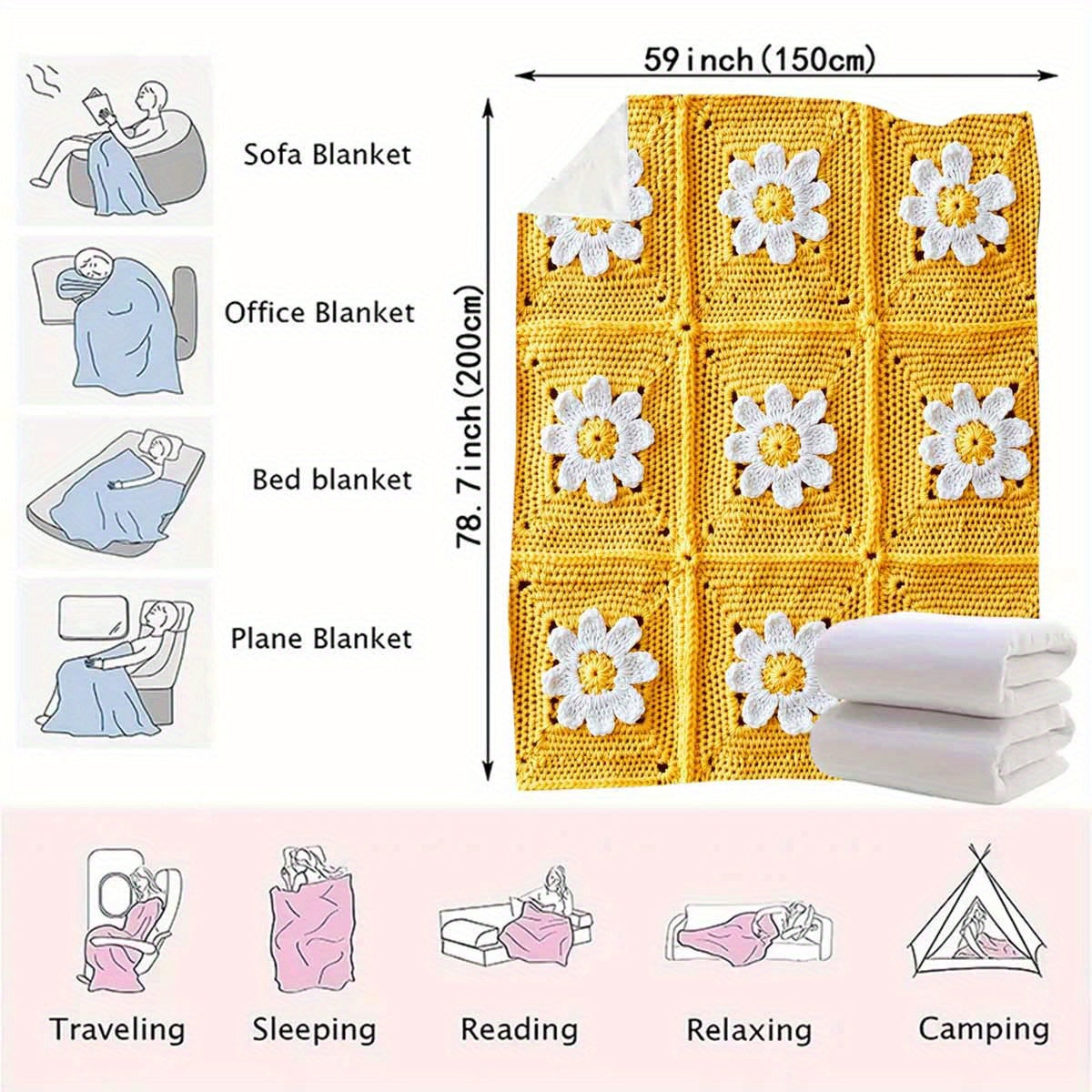1pc a Flannel Throw Blanket Featuring a Design of Yellow And White Crochet Daisies, Expressing Grandma'S Love to The Moon And Back. This Soft And Cozy Blanket Is Suitable for All Seasons And Can Be Used on a Sofa, Bed