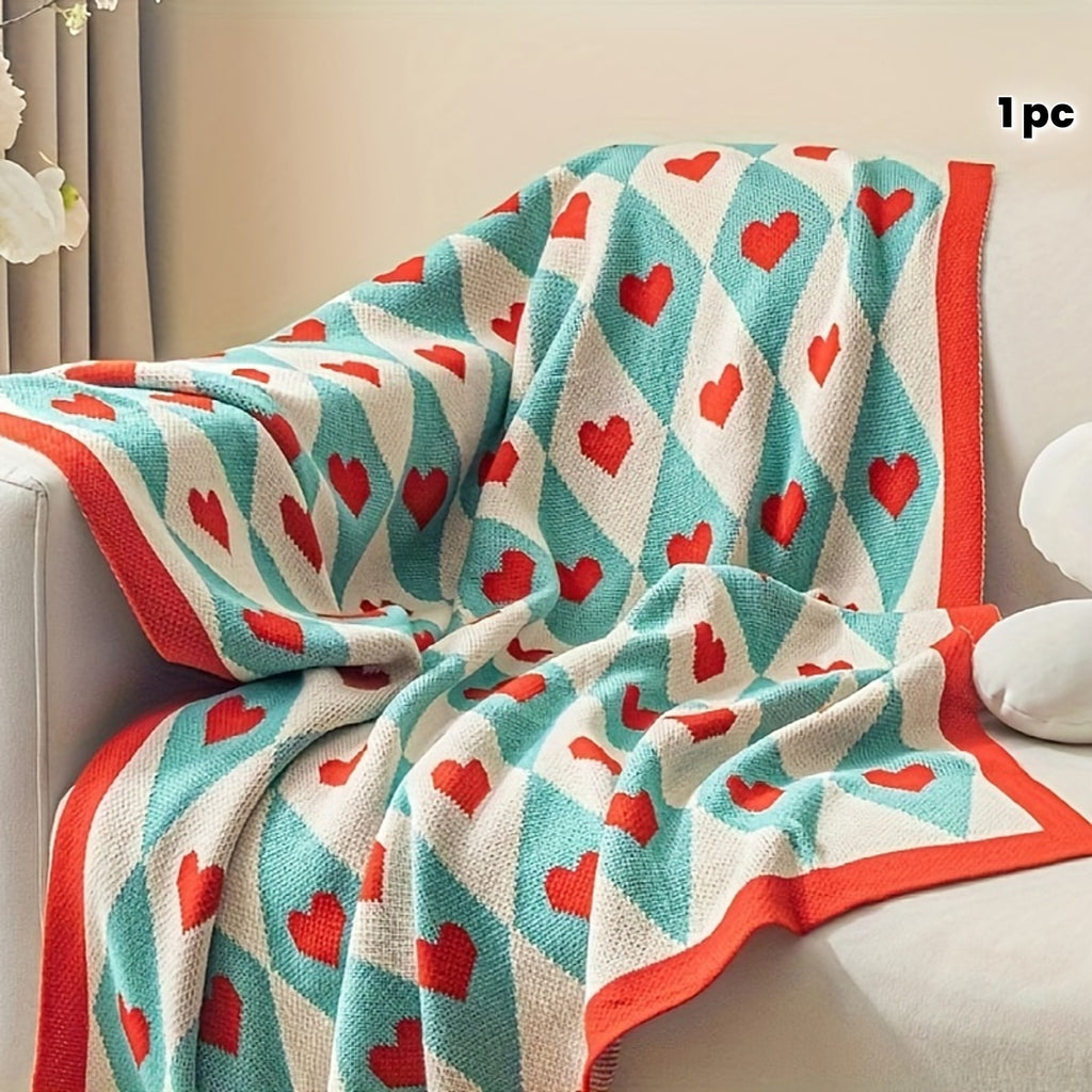 French Style Geometric Heart Pattern Blanket - Turquoise & Red All-Season Soft Acrylic Throw, 280gsm Cozy Lightweight for Living Room, Bedroom, Office - Machine Washable Christmas, Valentine's, New Year Gift with Background & Multicolor Hearts -