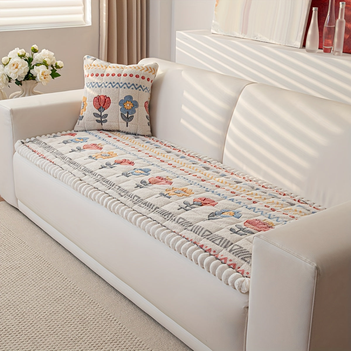 1pc Filled And Thickened Quilted Sofa Cushion with Spring White Flower Pattern, Including A Layered Polyester Shu Velveteen Thick Plush Sofa Cover, with Anti Slip Points On The Back for Use As A Floor Cushion And Living Room Sofa Decoration.