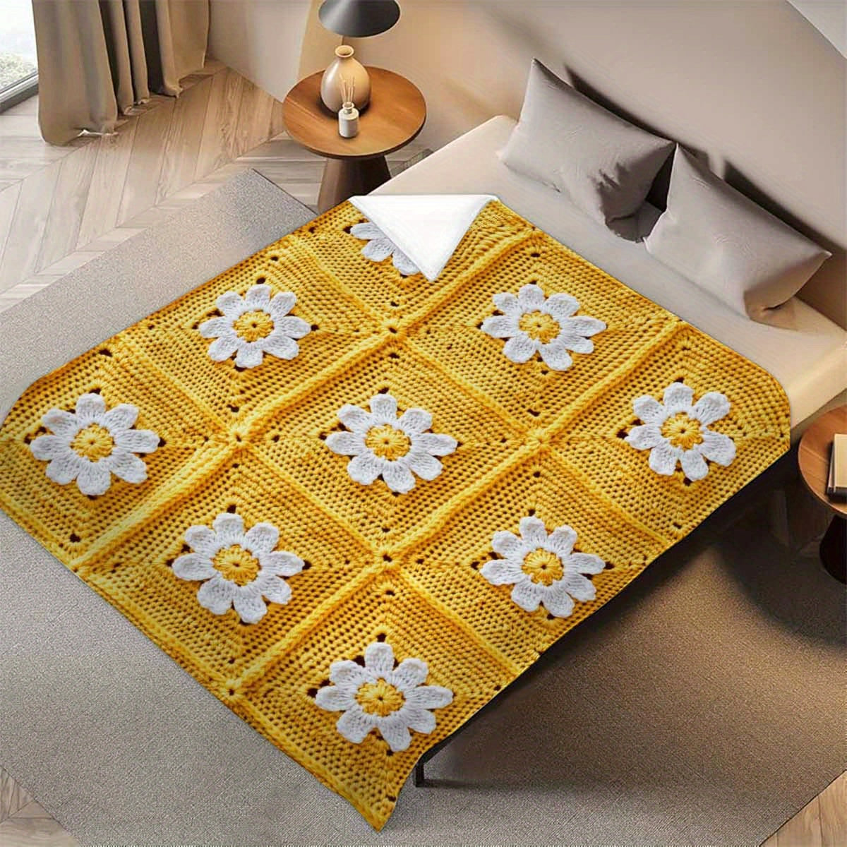 1pc a Flannel Throw Blanket Featuring a Design of Yellow And White Crochet Daisies, Expressing Grandma'S Love to The Moon And Back. This Soft And Cozy Blanket Is Suitable for All Seasons And Can Be Used on a Sofa, Bed