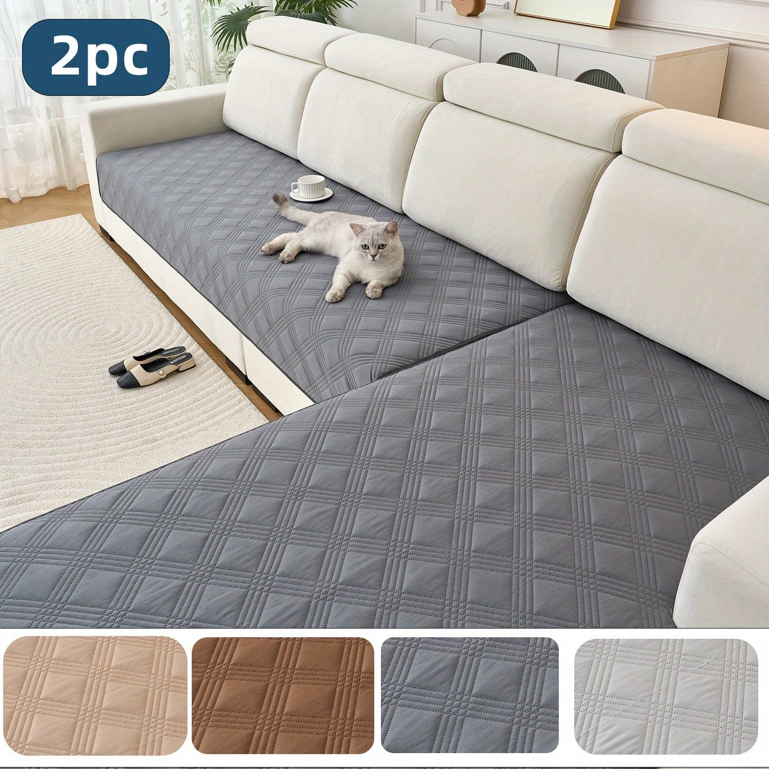 2pcs Modern Plaid Soundwave technology Embossed Sofa Cushion Compatible for L-Shaped Sofas - Scratch-Resistant, Anti-Slip Pet-Friendly & Couch Pads, Easy-Clean Cover (Machine Washable) Preserves Furniture Cleanliness, Upgrade