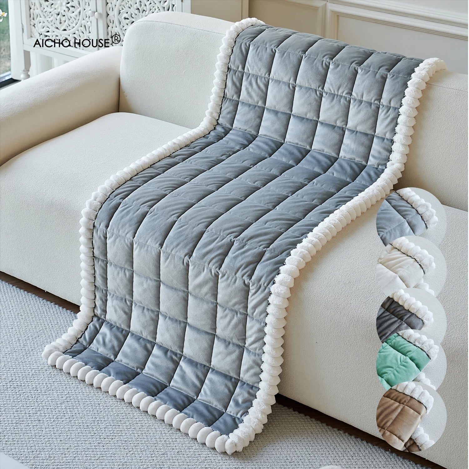 A Thick Diamond Quilted Sofa Cushion with White Plush Ball Decoration, Combining Practicality And Aesthetics, Quickly Enhances The Cozy Atmosphere of The Living Room, Suitable for Various Home Styles Such As Modern Minimalist And Nordic