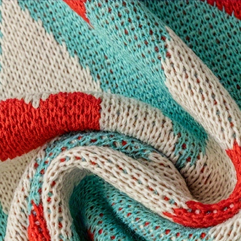 French Style Geometric Heart Pattern Blanket - Turquoise & Red All-Season Soft Acrylic Throw, 280gsm Cozy Lightweight for Living Room, Bedroom, Office - Machine Washable Christmas, Valentine's, New Year Gift with Background & Multicolor Hearts -