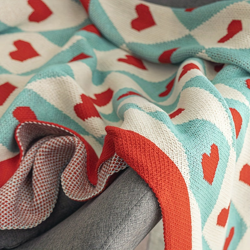 French Style Geometric Heart Pattern Blanket - Turquoise & Red All-Season Soft Acrylic Throw, 280gsm Cozy Lightweight for Living Room, Bedroom, Office - Machine Washable Christmas, Valentine's, New Year Gift with Background & Multicolor Hearts -