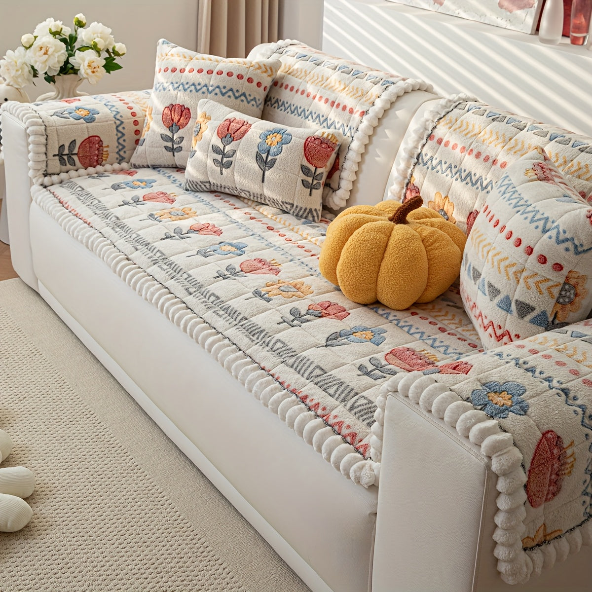 1pc Filled And Thickened Quilted Sofa Cushion with Spring White Flower Pattern, Including A Layered Polyester Shu Velveteen Thick Plush Sofa Cover, with Anti Slip Points On The Back for Use As A Floor Cushion And Living Room Sofa Decoration.