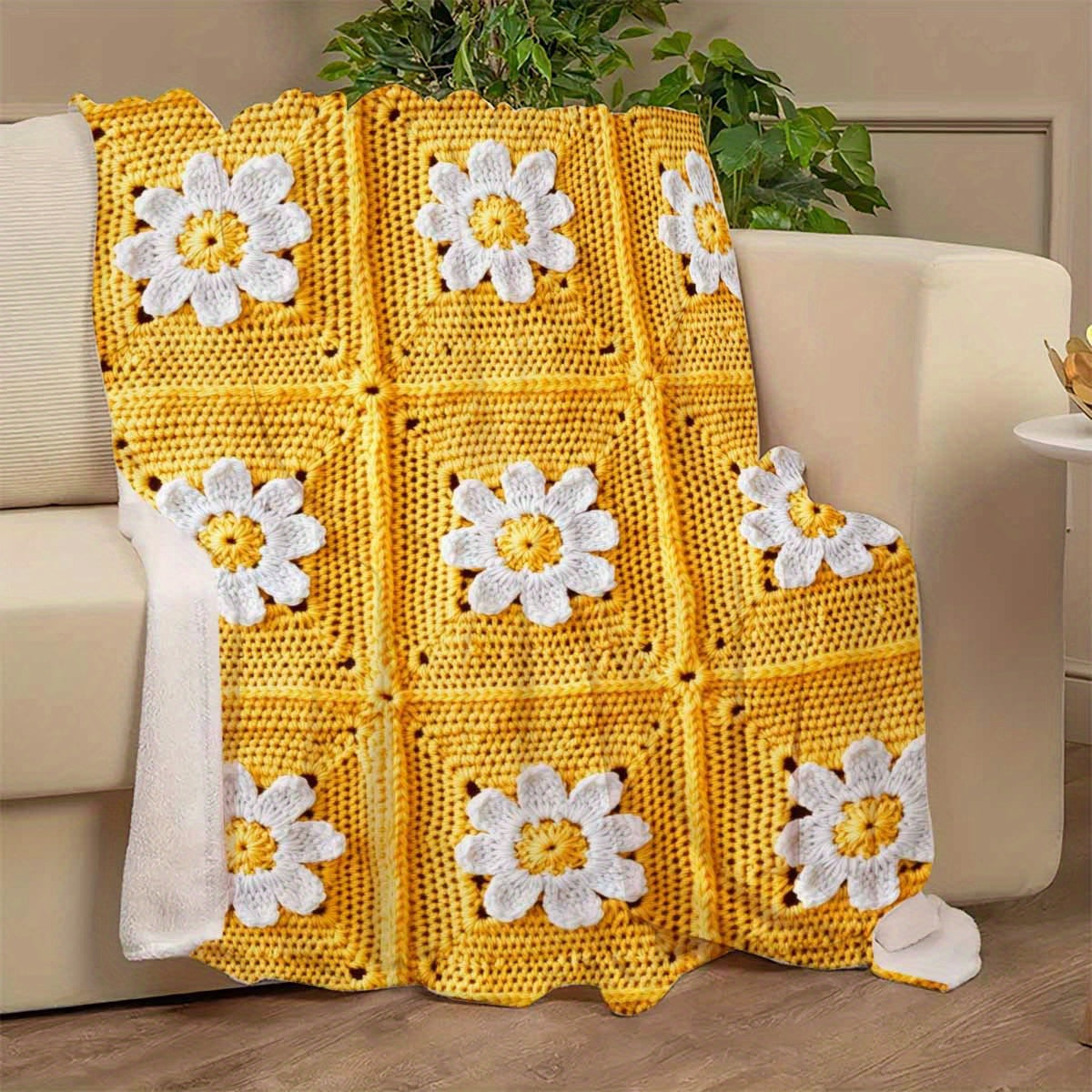 1pc a Flannel Throw Blanket Featuring a Design of Yellow And White Crochet Daisies, Expressing Grandma'S Love to The Moon And Back. This Soft And Cozy Blanket Is Suitable for All Seasons And Can Be Used on a Sofa, Bed