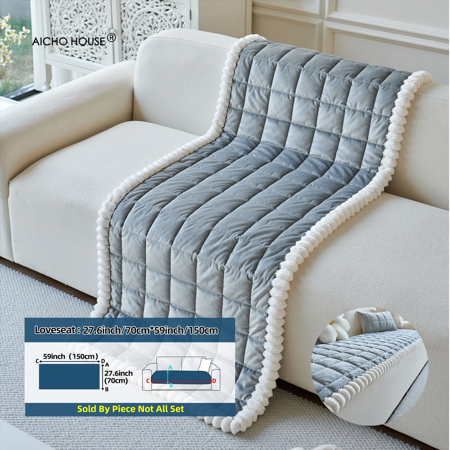 A Thick Diamond Quilted Sofa Cushion with White Plush Ball Decoration, Combining Practicality And Aesthetics, Quickly Enhances The Cozy Atmosphere of The Living Room, Suitable for Various Home Styles Such As Modern Minimalist And Nordic