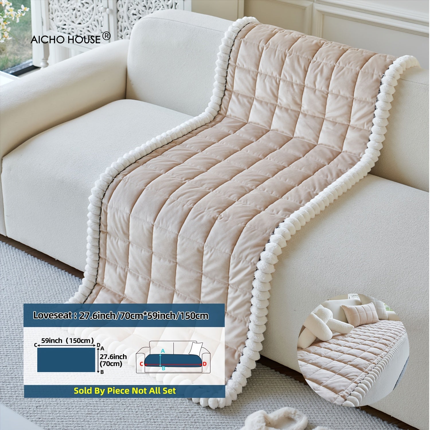 A Thick Diamond Quilted Sofa Cushion with White Plush Ball Decoration, Combining Practicality And Aesthetics, Quickly Enhances The Cozy Atmosphere of The Living Room, Suitable for Various Home Styles Such As Modern Minimalist And Nordic