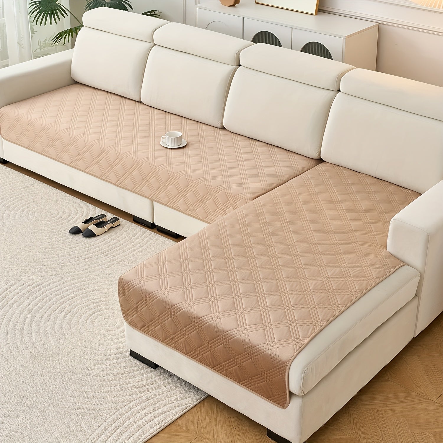 2pcs Modern Plaid Soundwave technology Embossed Sofa Cushion Compatible for L-Shaped Sofas - Scratch-Resistant, Anti-Slip Pet-Friendly & Couch Pads, Easy-Clean Cover (Machine Washable) Preserves Furniture Cleanliness, Upgrade