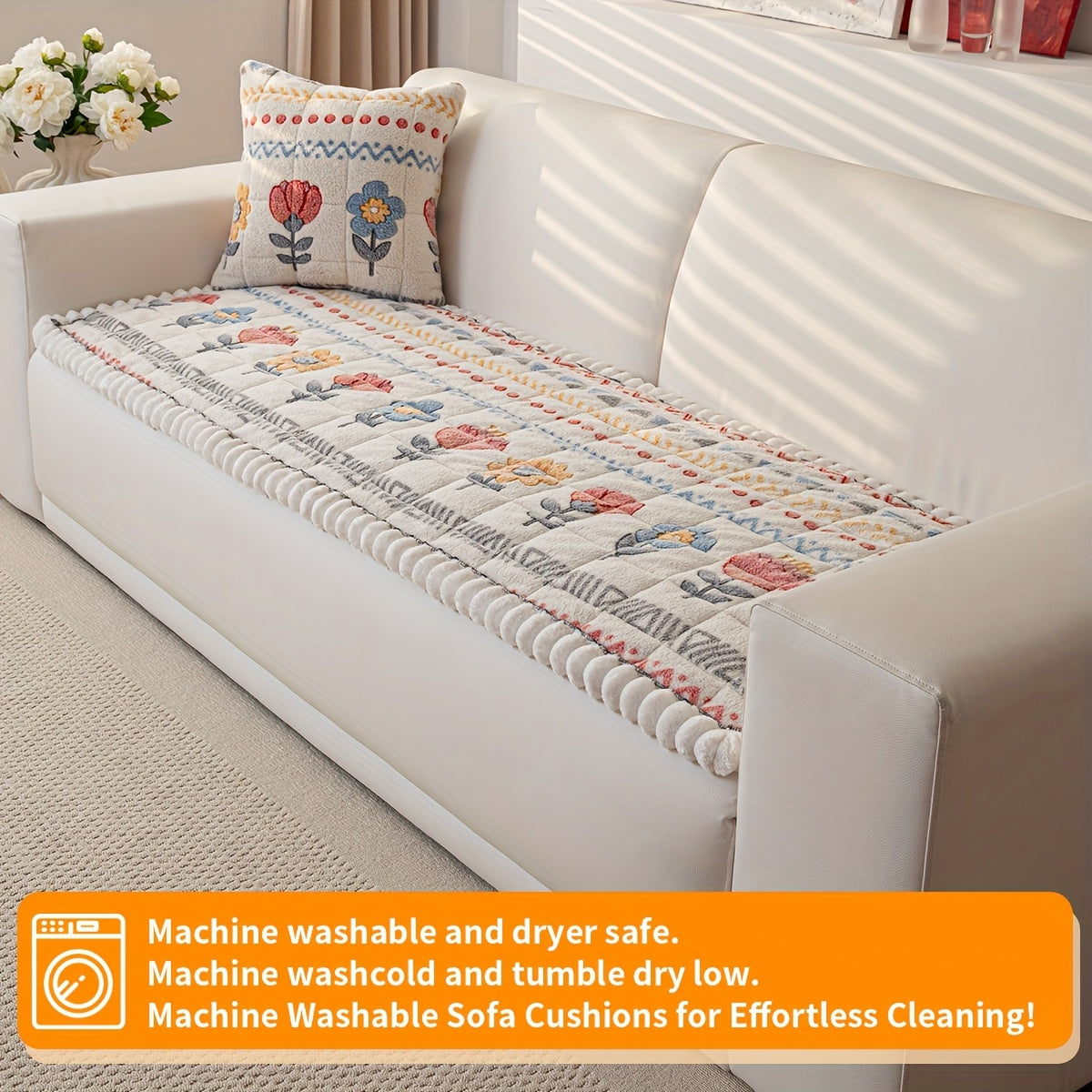 1pc Filled And Thickened Quilted Sofa Cushion with Spring White Flower Pattern, Including A Layered Polyester Shu Velveteen Thick Plush Sofa Cover, with Anti Slip Points On The Back for Use As A Floor Cushion And Living Room Sofa Decoration.