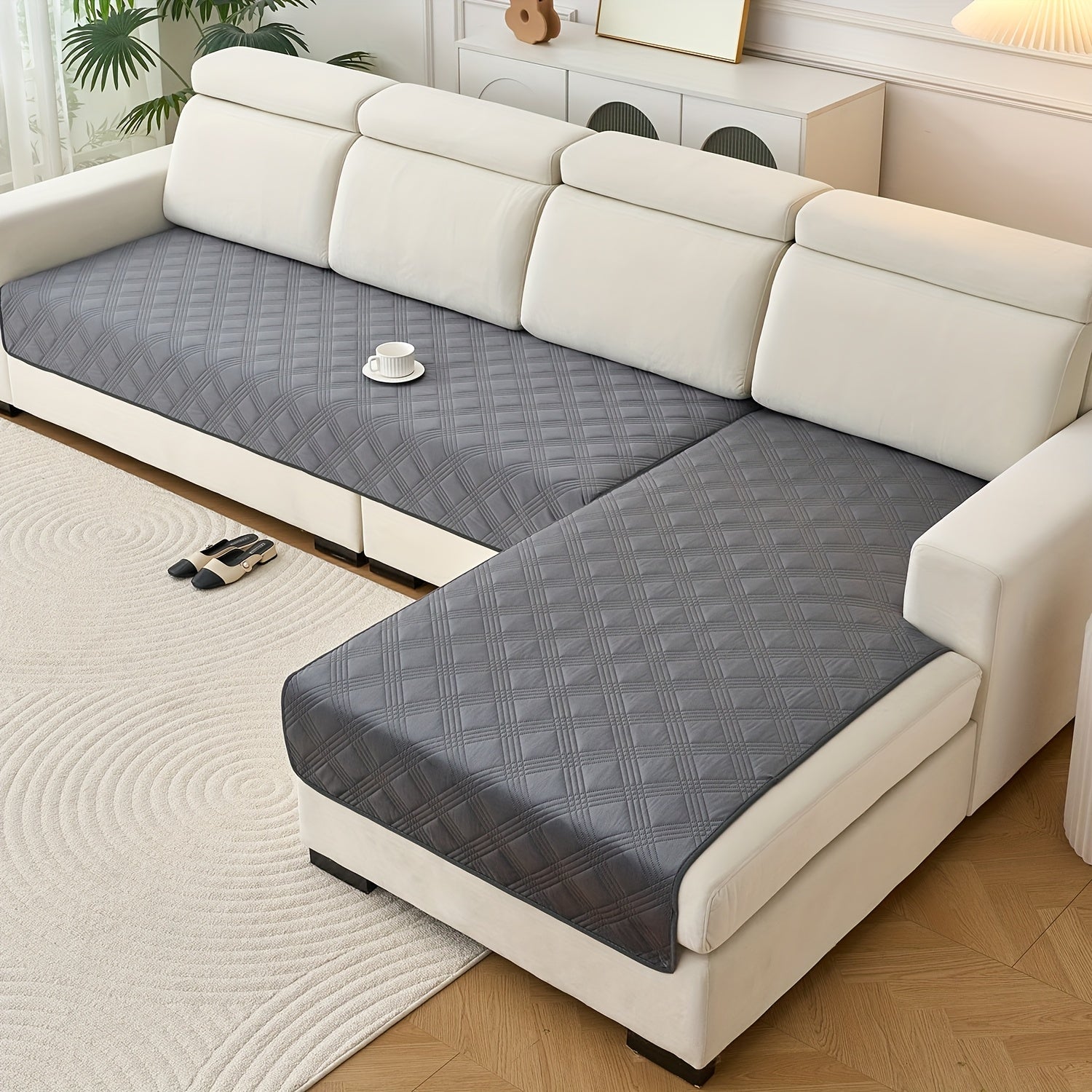 2pcs Modern Plaid Soundwave technology Embossed Sofa Cushion Compatible for L-Shaped Sofas - Scratch-Resistant, Anti-Slip Pet-Friendly & Couch Pads, Easy-Clean Cover (Machine Washable) Preserves Furniture Cleanliness, Upgrade