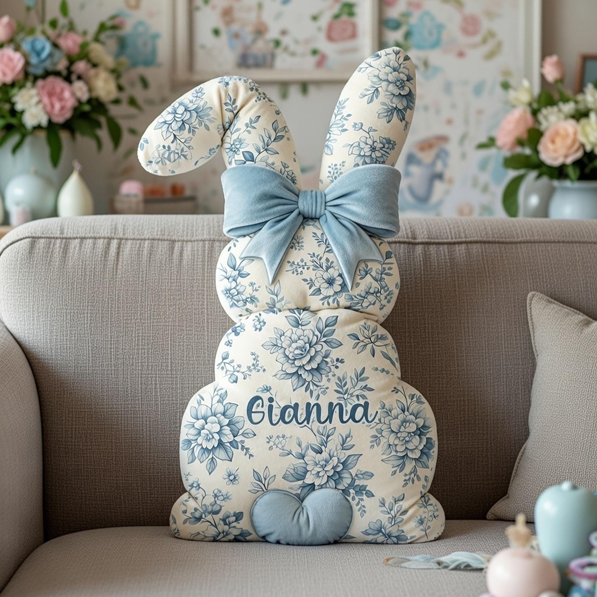 Personalized Floral Bunny Pillow with Name, Custom Blue Toile Rabbit Cushion, Easter Basket Gift, Spring Nursery Decor, Kids Room, Keepsake