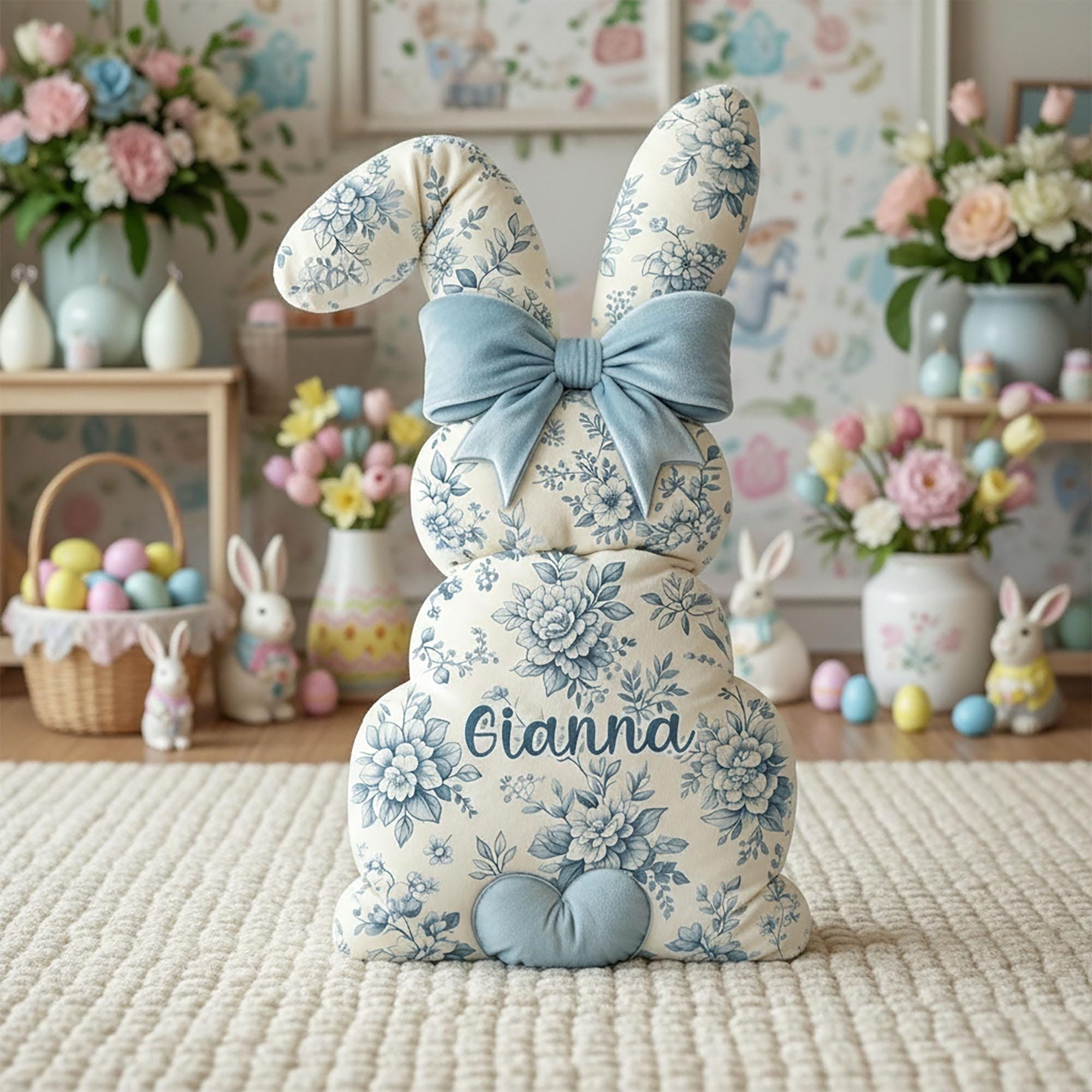 Personalized Floral Bunny Pillow with Name, Custom Blue Toile Rabbit Cushion, Easter Basket Gift, Spring Nursery Decor, Kids Room, Keepsake