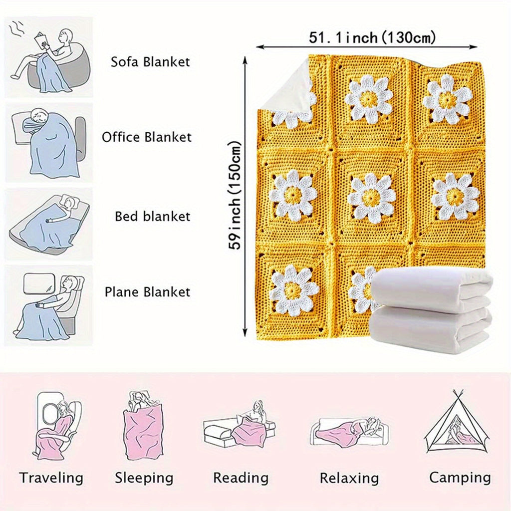 1pc a Flannel Throw Blanket Featuring a Design of Yellow And White Crochet Daisies, Expressing Grandma'S Love to The Moon And Back. This Soft And Cozy Blanket Is Suitable for All Seasons And Can Be Used on a Sofa, Bed