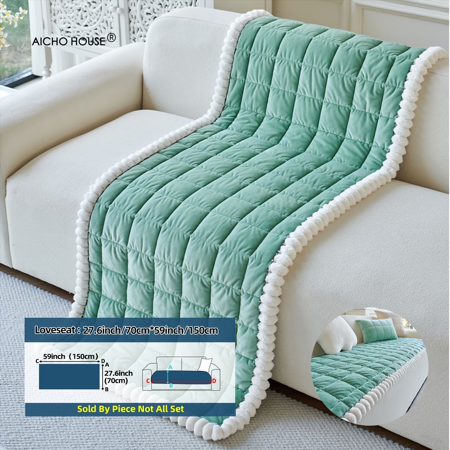 A Thick Diamond Quilted Sofa Cushion with White Plush Ball Decoration, Combining Practicality And Aesthetics, Quickly Enhances The Cozy Atmosphere of The Living Room, Suitable for Various Home Styles Such As Modern Minimalist And Nordic