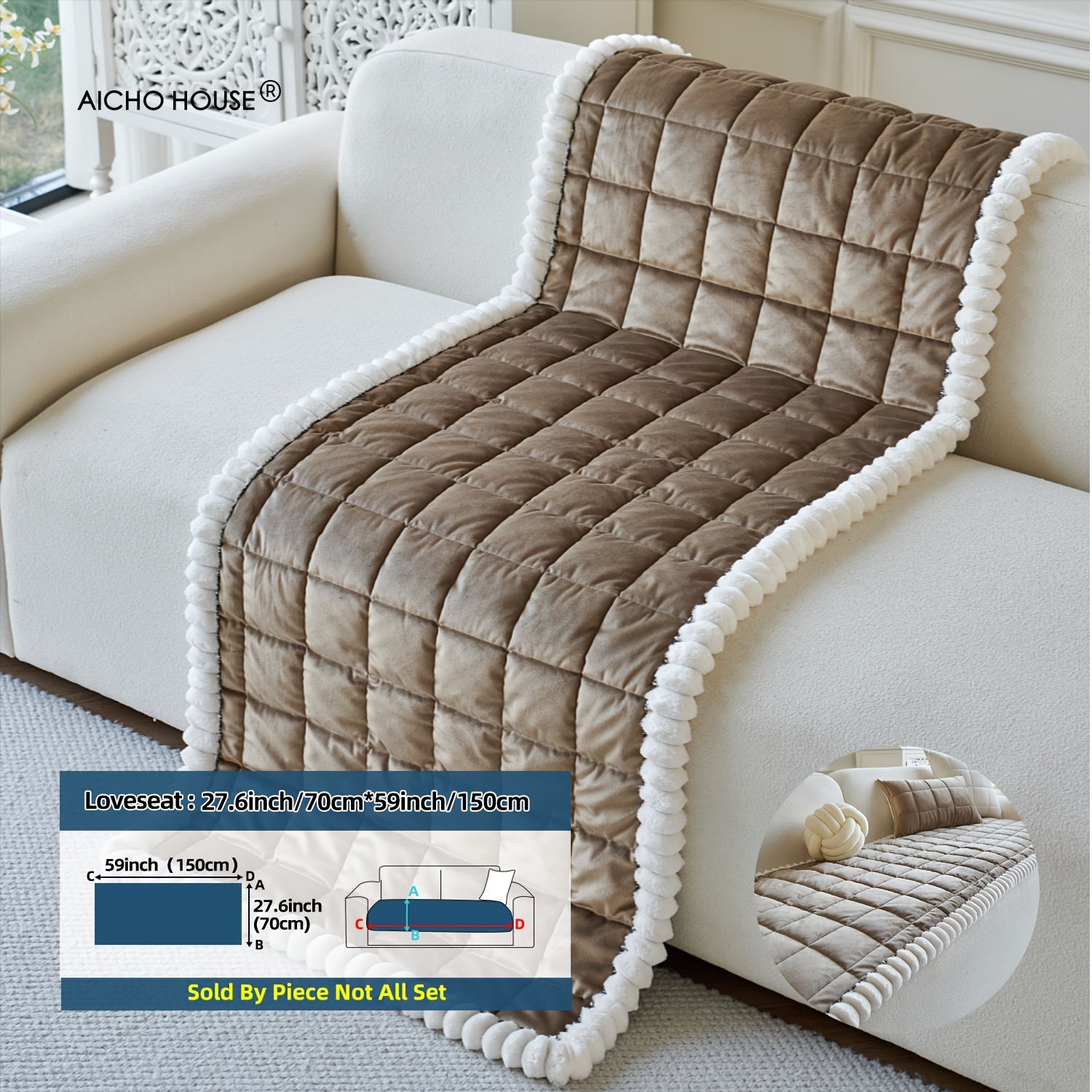 A Thick Diamond Quilted Sofa Cushion with White Plush Ball Decoration, Combining Practicality And Aesthetics, Quickly Enhances The Cozy Atmosphere of The Living Room, Suitable for Various Home Styles Such As Modern Minimalist And Nordic