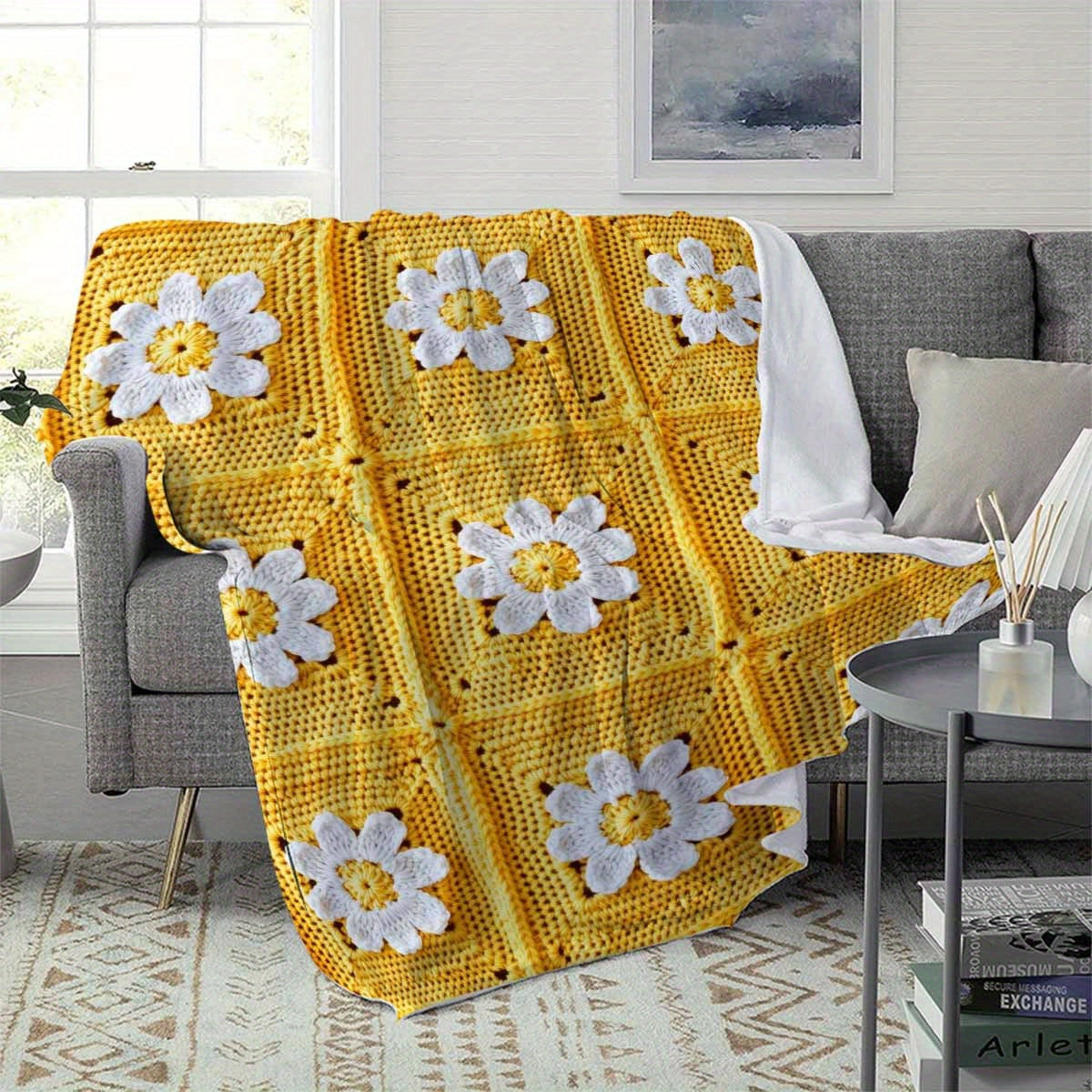 1pc a Flannel Throw Blanket Featuring a Design of Yellow And White Crochet Daisies, Expressing Grandma'S Love to The Moon And Back. This Soft And Cozy Blanket Is Suitable for All Seasons And Can Be Used on a Sofa, Bed