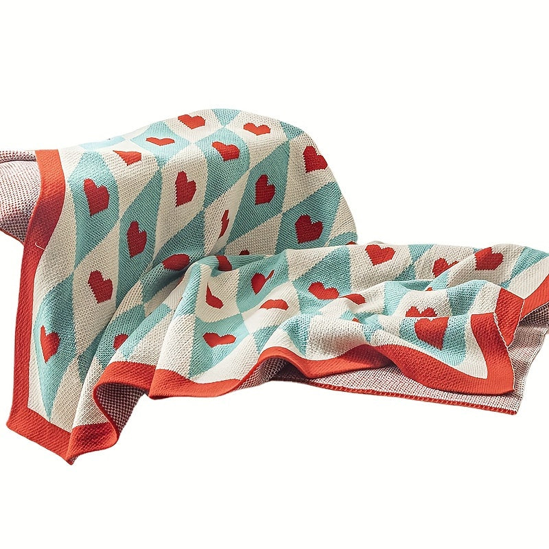 French Style Geometric Heart Pattern Blanket - Turquoise & Red All-Season Soft Acrylic Throw, 280gsm Cozy Lightweight for Living Room, Bedroom, Office - Machine Washable Christmas, Valentine's, New Year Gift with Background & Multicolor Hearts -