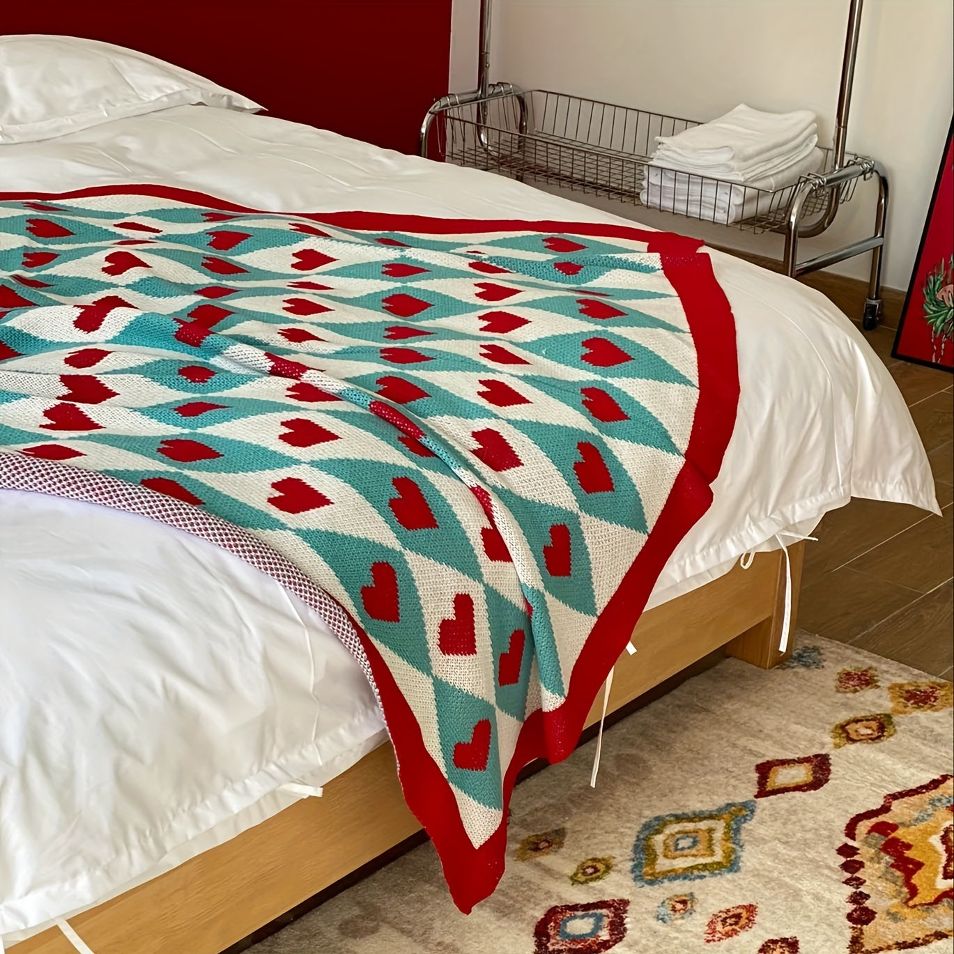 French Style Geometric Heart Pattern Blanket - Turquoise & Red All-Season Soft Acrylic Throw, 280gsm Cozy Lightweight for Living Room, Bedroom, Office - Machine Washable Christmas, Valentine's, New Year Gift with Background & Multicolor Hearts -