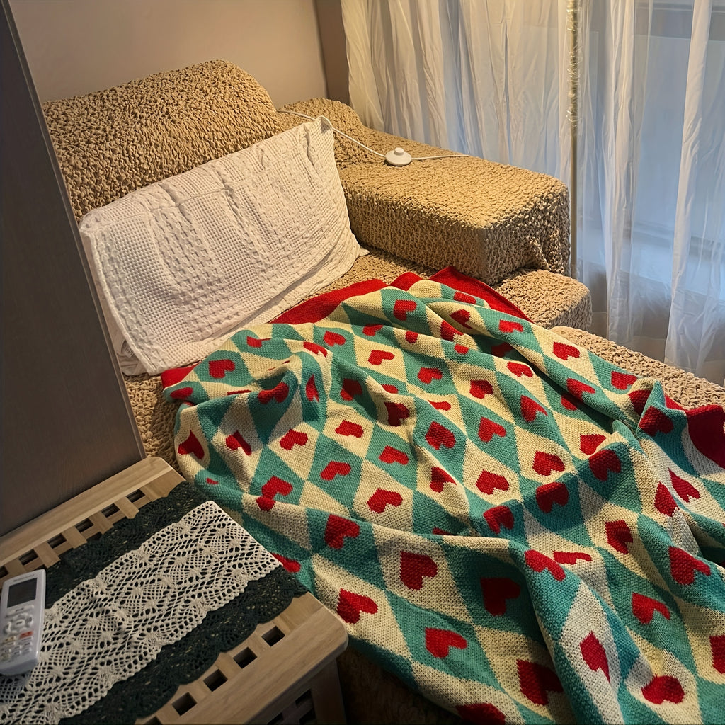 French Style Geometric Heart Pattern Blanket - Turquoise & Red All-Season Soft Acrylic Throw, 280gsm Cozy Lightweight for Living Room, Bedroom, Office - Machine Washable Christmas, Valentine's, New Year Gift with Background & Multicolor Hearts -