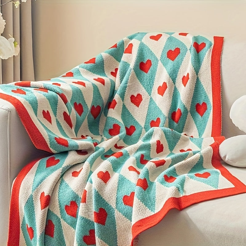 French Style Geometric Heart Pattern Blanket - Turquoise & Red All-Season Soft Acrylic Throw, 280gsm Cozy Lightweight for Living Room, Bedroom, Office - Machine Washable Christmas, Valentine's, New Year Gift with Background & Multicolor Hearts -