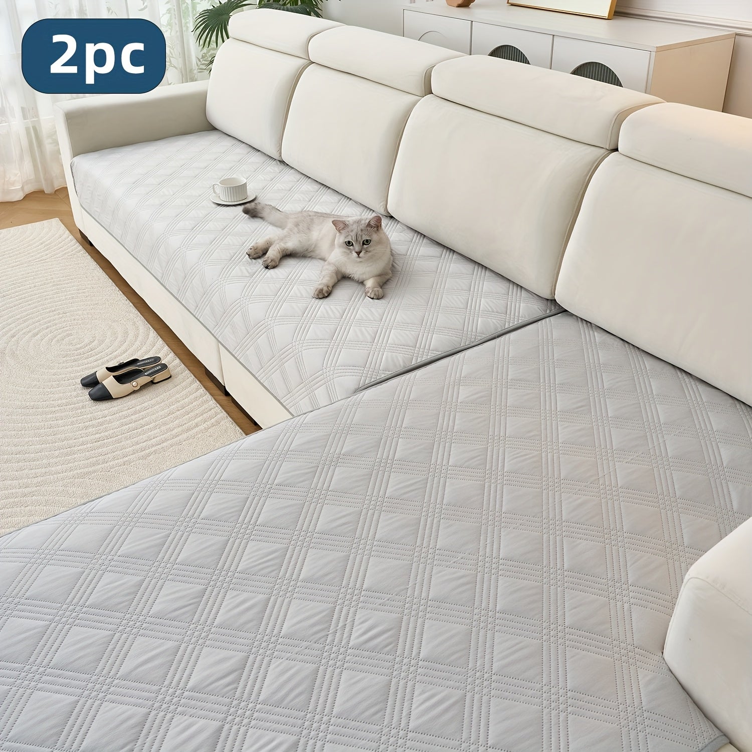 2pcs Modern Plaid Soundwave technology Embossed Sofa Cushion Compatible for L-Shaped Sofas - Scratch-Resistant, Anti-Slip Pet-Friendly & Couch Pads, Easy-Clean Cover (Machine Washable) Preserves Furniture Cleanliness, Upgrade