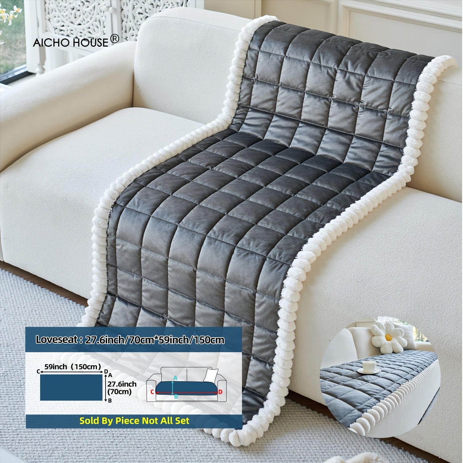 A Thick Diamond Quilted Sofa Cushion with White Plush Ball Decoration, Combining Practicality And Aesthetics, Quickly Enhances The Cozy Atmosphere of The Living Room, Suitable for Various Home Styles Such As Modern Minimalist And Nordic