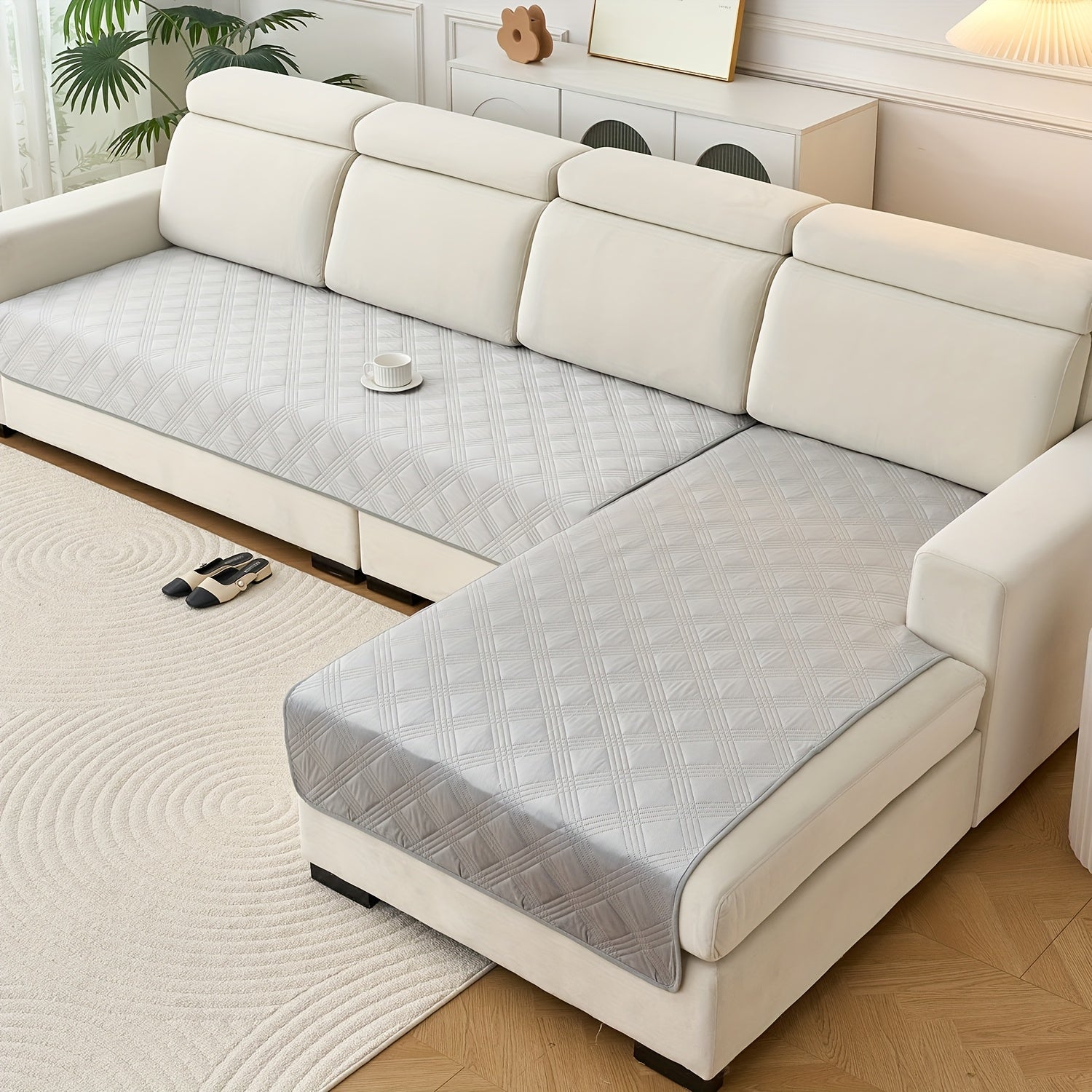 2pcs Modern Plaid Soundwave technology Embossed Sofa Cushion Compatible for L-Shaped Sofas - Scratch-Resistant, Anti-Slip Pet-Friendly & Couch Pads, Easy-Clean Cover (Machine Washable) Preserves Furniture Cleanliness, Upgrade