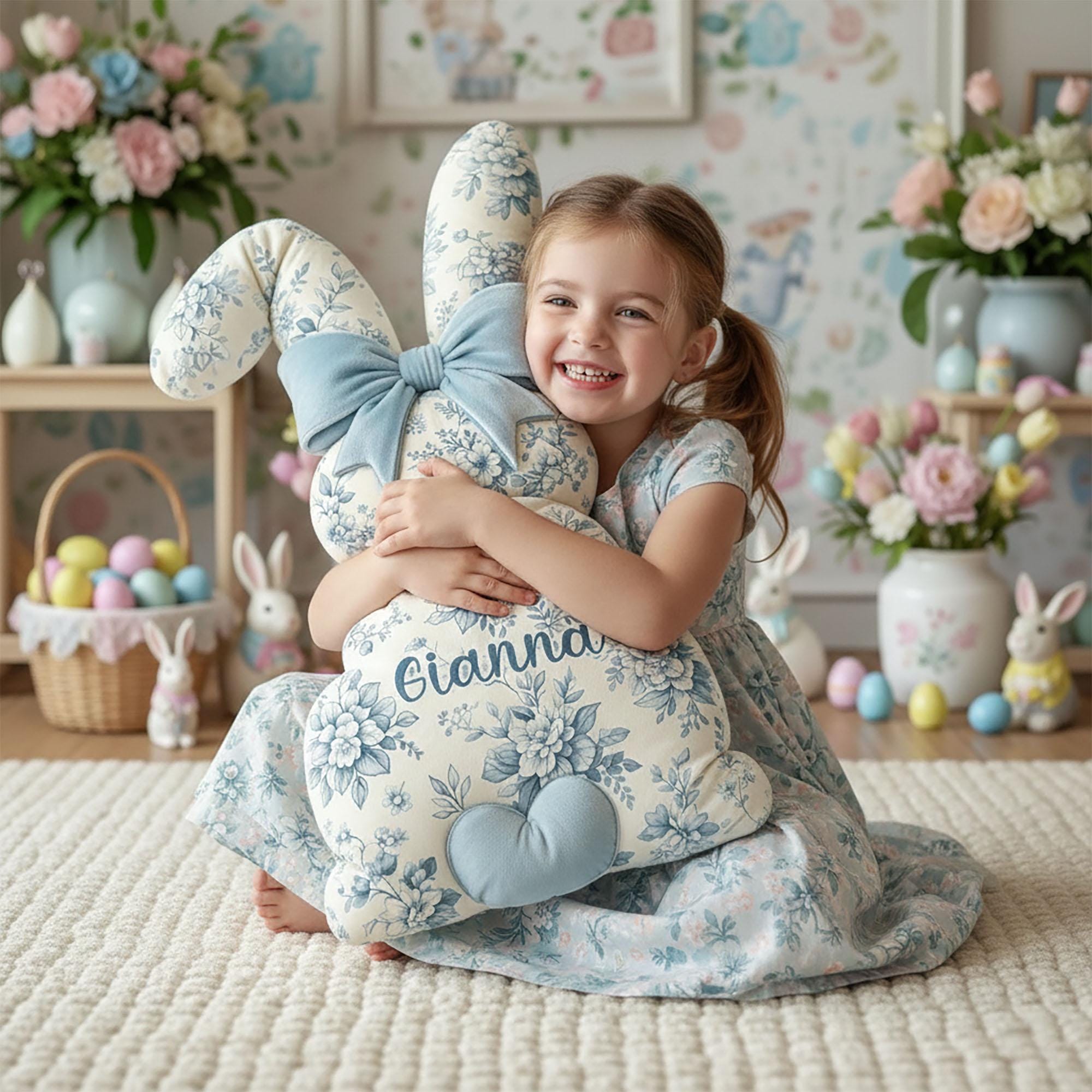 Personalized Floral Bunny Pillow with Name, Custom Blue Toile Rabbit Cushion, Easter Basket Gift, Spring Nursery Decor, Kids Room, Keepsake