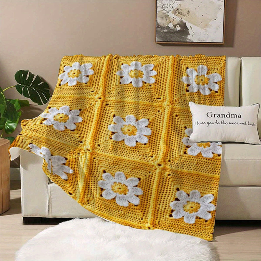 1pc a Flannel Throw Blanket Featuring a Design of Yellow And White Crochet Daisies, Expressing Grandma'S Love to The Moon And Back. This Soft And Cozy Blanket Is Suitable for All Seasons And Can Be Used on a Sofa, Bed