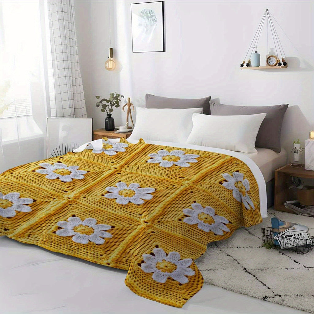 1pc a Flannel Throw Blanket Featuring a Design of Yellow And White Crochet Daisies, Expressing Grandma'S Love to The Moon And Back. This Soft And Cozy Blanket Is Suitable for All Seasons And Can Be Used on a Sofa, Bed
