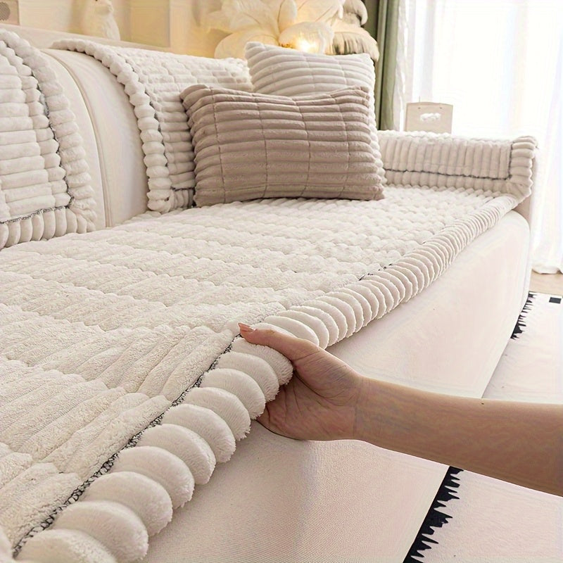 1pc Bohemian Style Solid Color Plush Thickened Sofa Cushion, Pet Friendly, Machine Washable, Non-Slip, Suitable for All Kinds of Sofa Home Protection Decoration