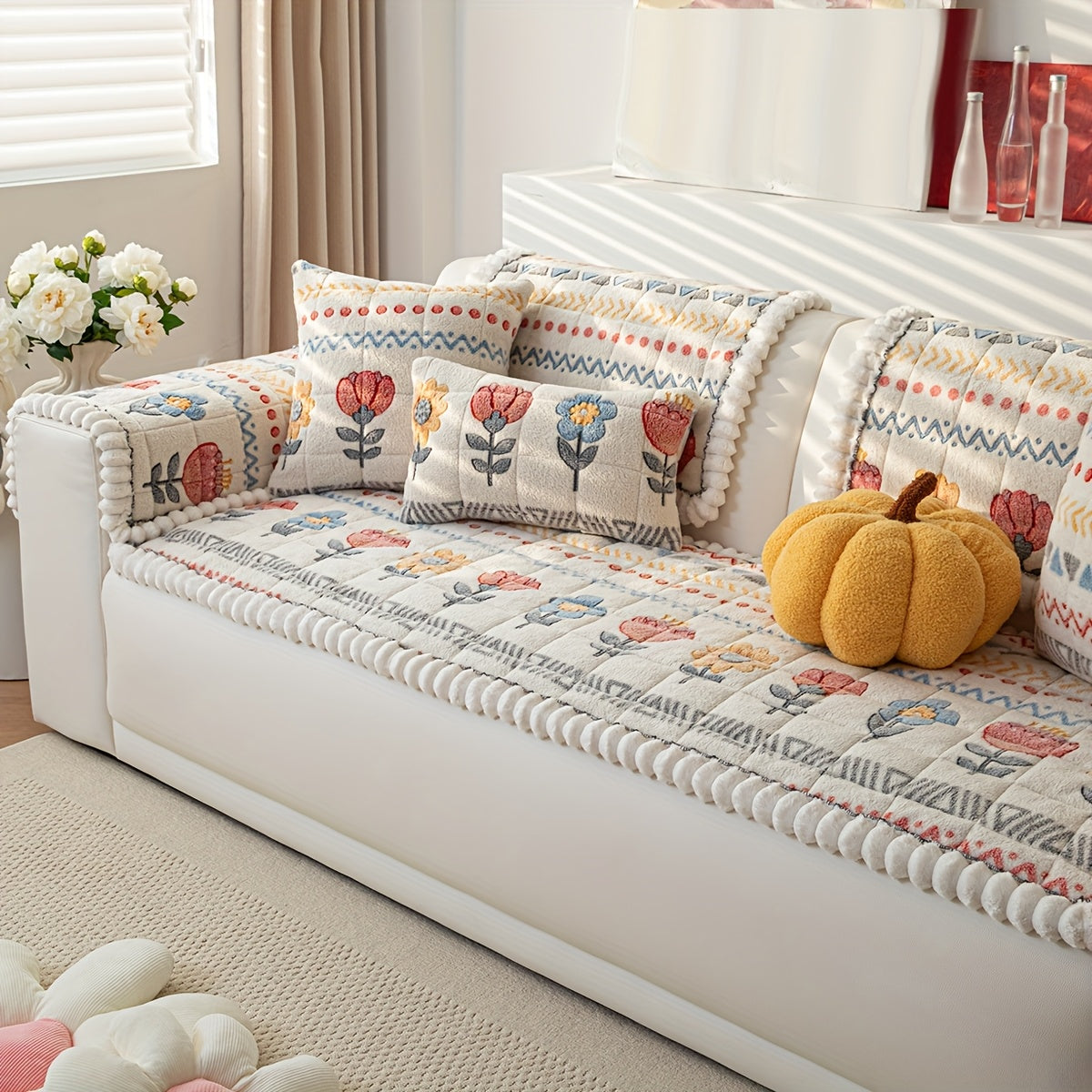 1pc Filled And Thickened Quilted Sofa Cushion with Spring White Flower Pattern, Including A Layered Polyester Shu Velveteen Thick Plush Sofa Cover, with Anti Slip Points On The Back for Use As A Floor Cushion And Living Room Sofa Decoration.